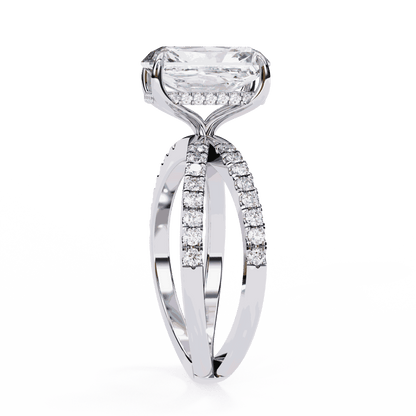 Emerald Cut Lab Grown Diamond Side Stone Engagement Ring with Pavé Crossover Shank