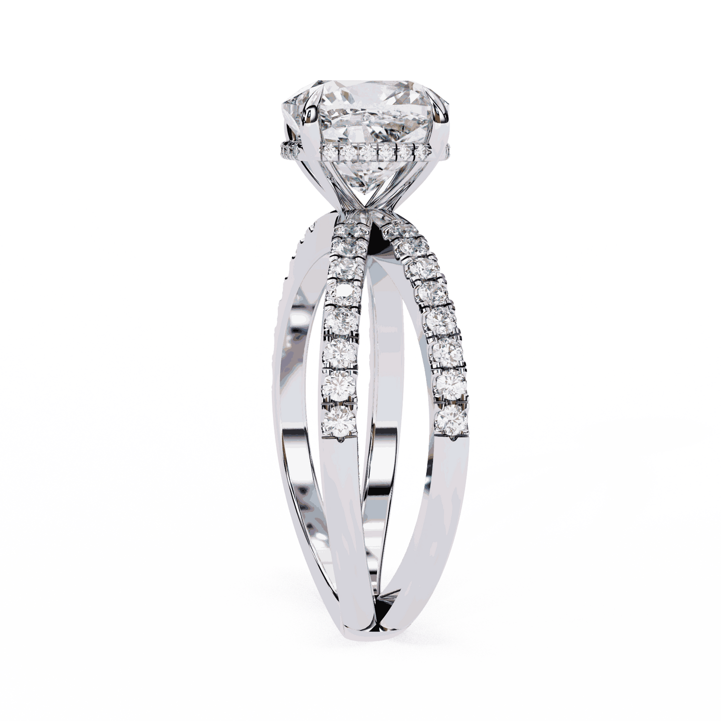Cushion Cut Lab Grown Diamond Side Stone Engagement Ring with Pavé Crossover Shank