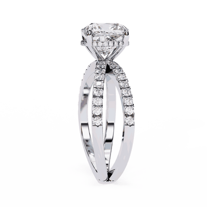 Cushion Cut Lab Grown Diamond Side Stone Engagement Ring with Pavé Crossover Shank