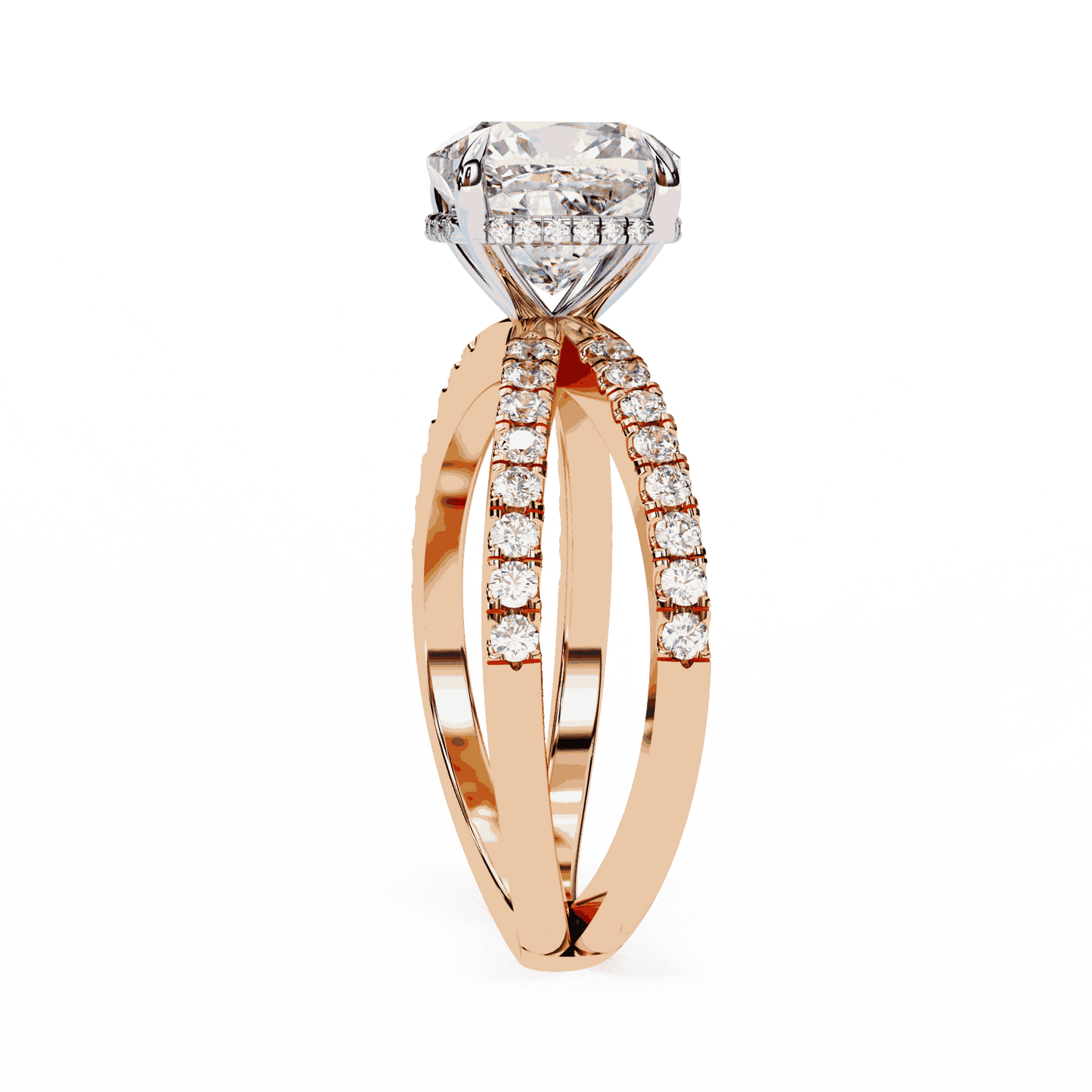 Cushion Cut Lab Grown Diamond Side Stone Engagement Ring with Pavé Crossover Shank