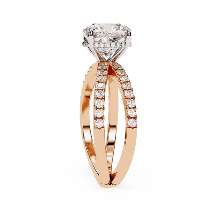 Cushion Cut Lab Grown Diamond Side Stone Engagement Ring with Pavé Crossover Shank