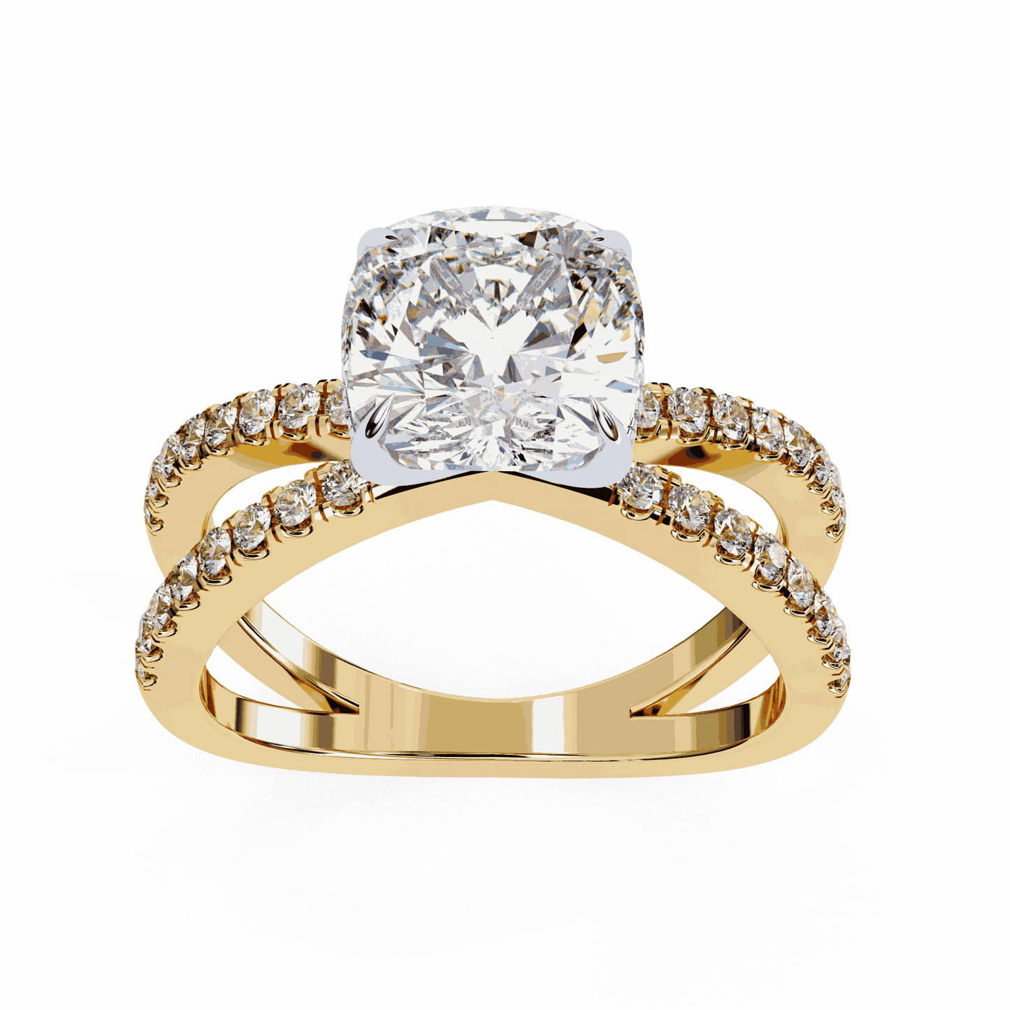Cushion Cut Lab Grown Diamond Side Stone Engagement Ring with Pavé Crossover Shank