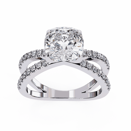 Cushion Cut Lab Grown Diamond Side Stone Engagement Ring with Pavé Crossover Shank