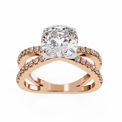 Cushion Cut Lab Grown Diamond Side Stone Engagement Ring with Pavé Crossover Shank