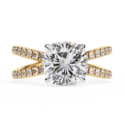 Cushion Cut Lab Grown Diamond Side Stone Engagement Ring with Pavé Crossover Shank
