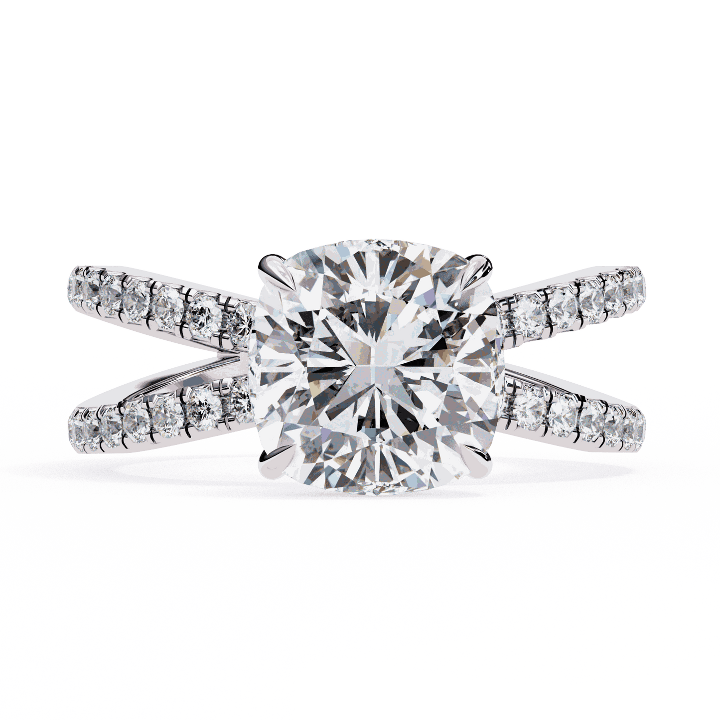 Cushion Cut Lab Grown Diamond Side Stone Engagement Ring with Pavé Crossover Shank
