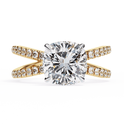 Cushion Cut Lab Grown Diamond Side Stone Engagement Ring with Pavé Crossover Shank