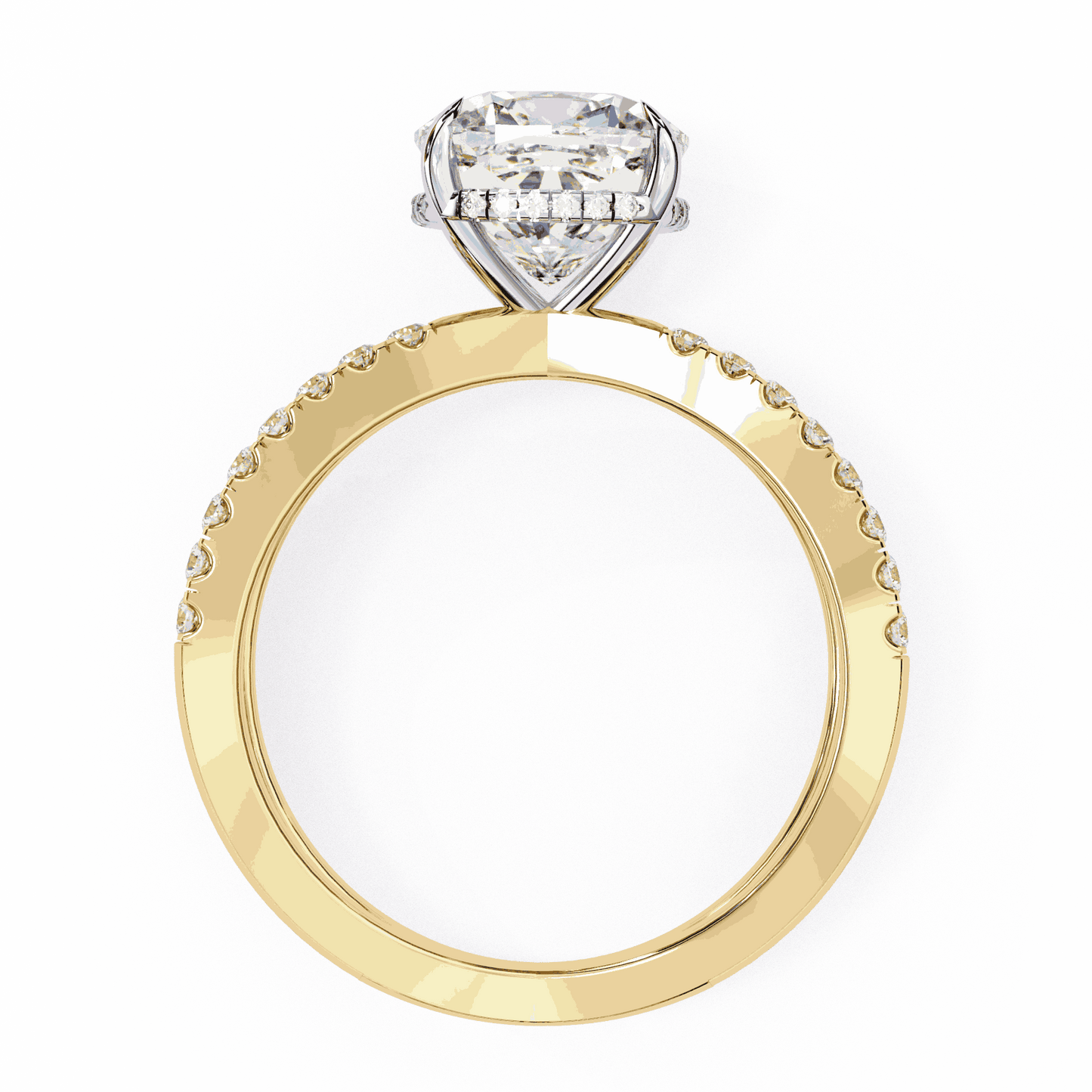 Cushion Cut Lab Grown Diamond Side Stone Engagement Ring with Pavé Crossover Shank
