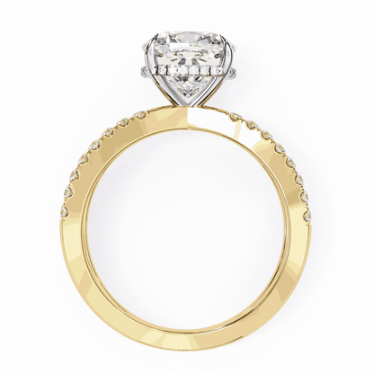 Cushion Cut Lab Grown Diamond Side Stone Engagement Ring with Pavé Crossover Shank