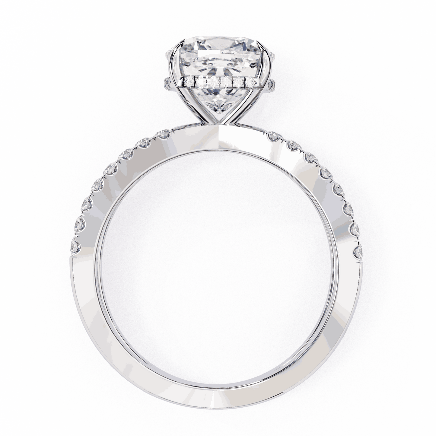 Cushion Cut Lab Grown Diamond Side Stone Engagement Ring with Pavé Crossover Shank