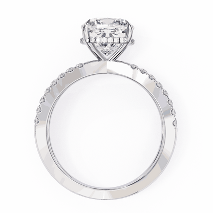 Cushion Cut Lab Grown Diamond Side Stone Engagement Ring with Pavé Crossover Shank