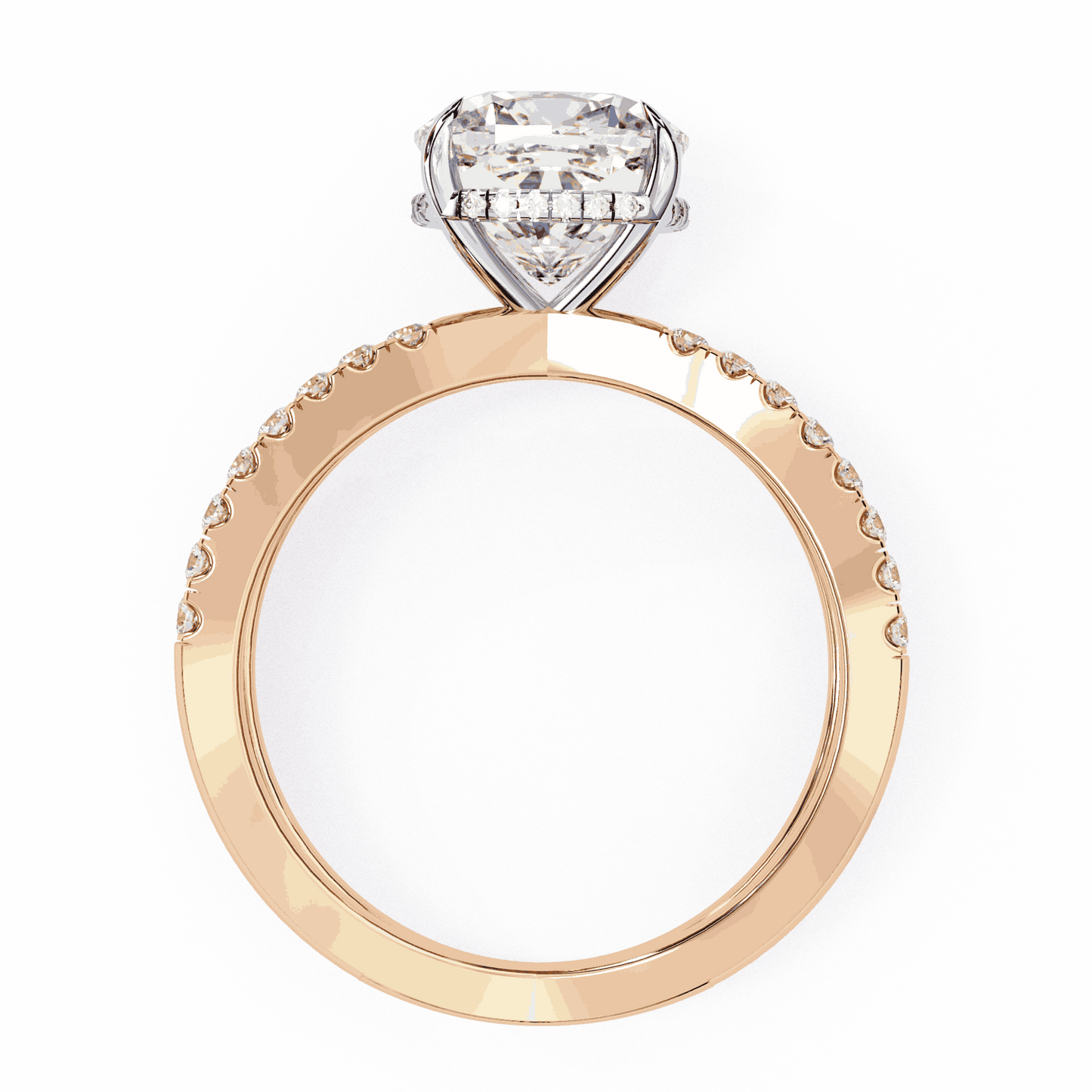 Cushion Cut Lab Grown Diamond Side Stone Engagement Ring with Pavé Crossover Shank