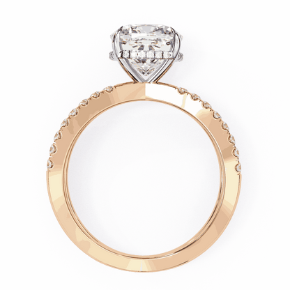 Cushion Cut Lab Grown Diamond Side Stone Engagement Ring with Pavé Crossover Shank
