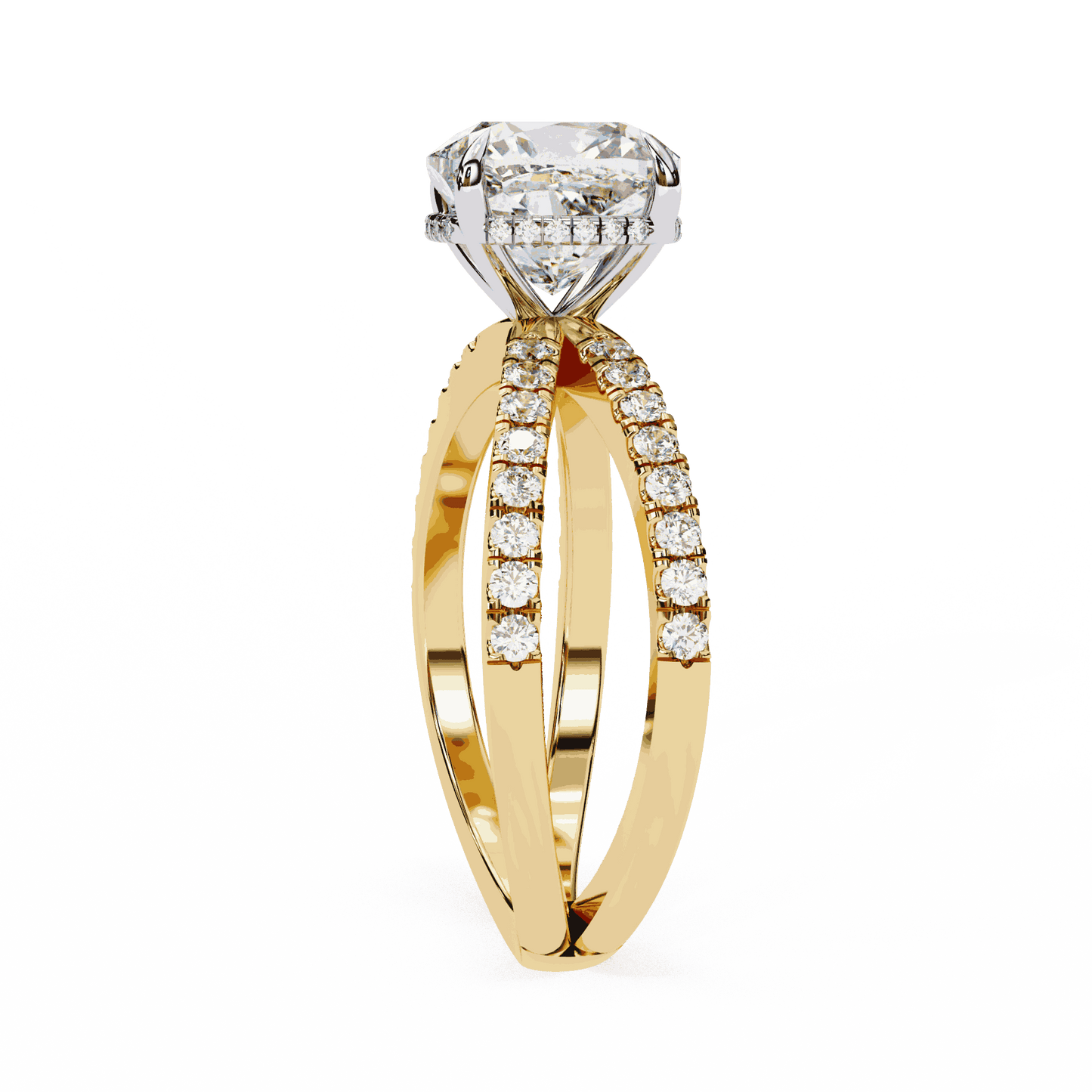 Cushion Cut Lab Grown Diamond Side Stone Engagement Ring with Pavé Crossover Shank