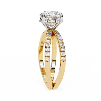 Cushion Cut Lab Grown Diamond Side Stone Engagement Ring with Pavé Crossover Shank