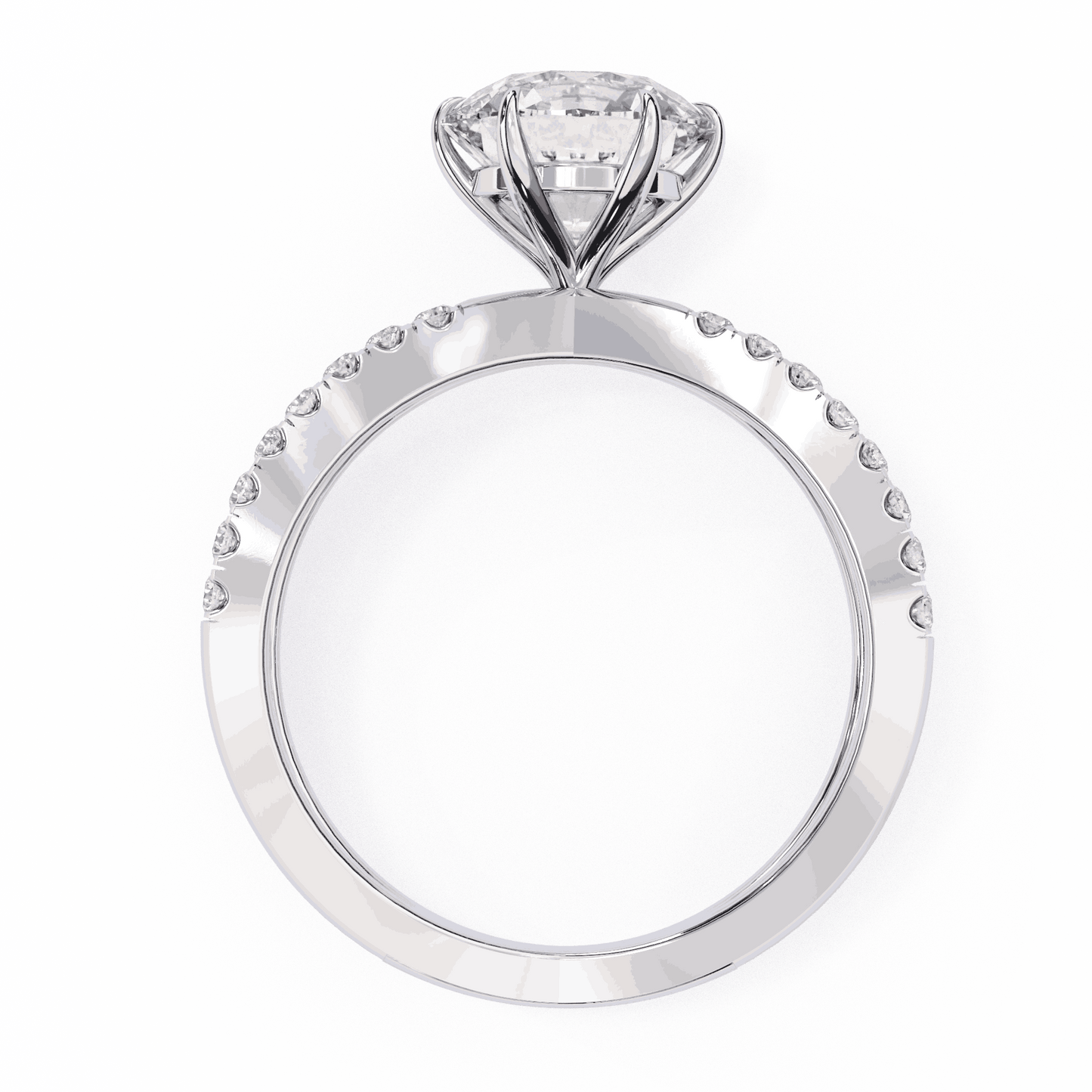 Round Cut Lab Grown Diamond Side Stone Engagement Ring with Pavé Crossover Shank