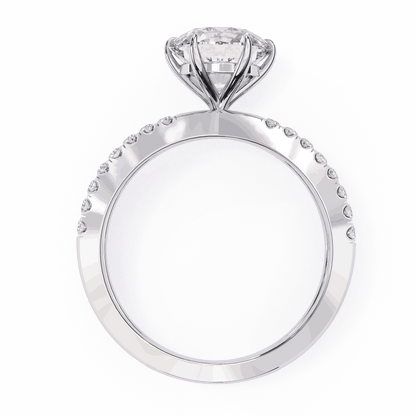 Round Cut Lab Grown Diamond Side Stone Engagement Ring with Pavé Crossover Shank