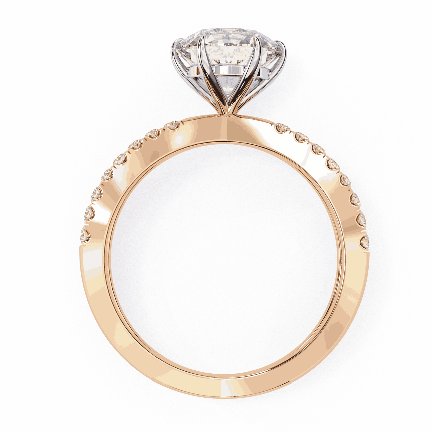 Round Cut Lab Grown Diamond Side Stone Engagement Ring with Pavé Crossover Shank