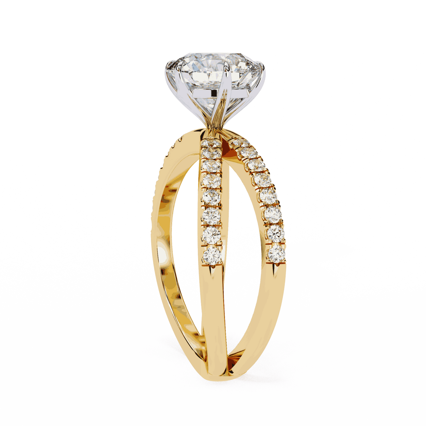 Round Cut Lab Grown Diamond Side Stone Engagement Ring with Pavé Crossover Shank