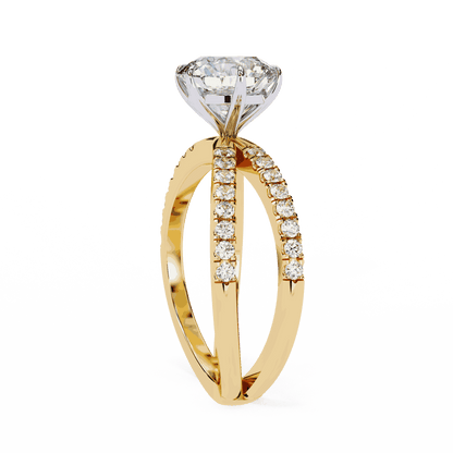 Round Cut Lab Grown Diamond Side Stone Engagement Ring with Pavé Crossover Shank
