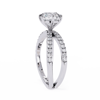 Round Cut Lab Grown Diamond Side Stone Engagement Ring with Pavé Crossover Shank