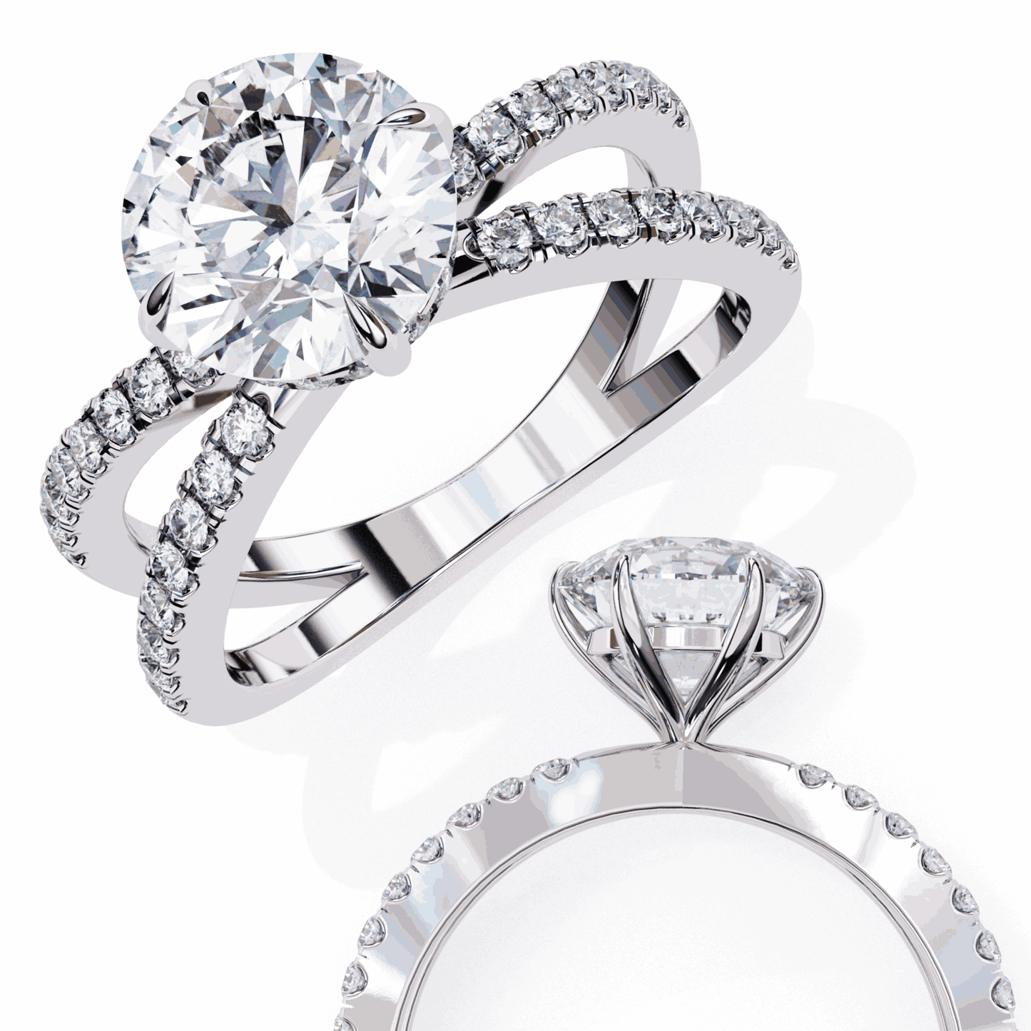 Round Cut Lab Grown Diamond Side Stone Engagement Ring with Pavé Crossover Shank