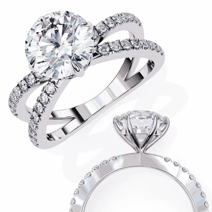 Round Cut Lab Grown Diamond Side Stone Engagement Ring with Pavé Crossover Shank