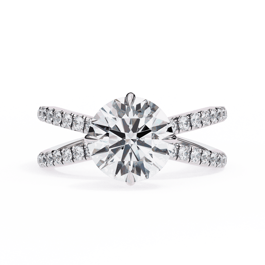 Round Cut Lab Grown Diamond Side Stone Engagement Ring with Pavé Crossover Shank
