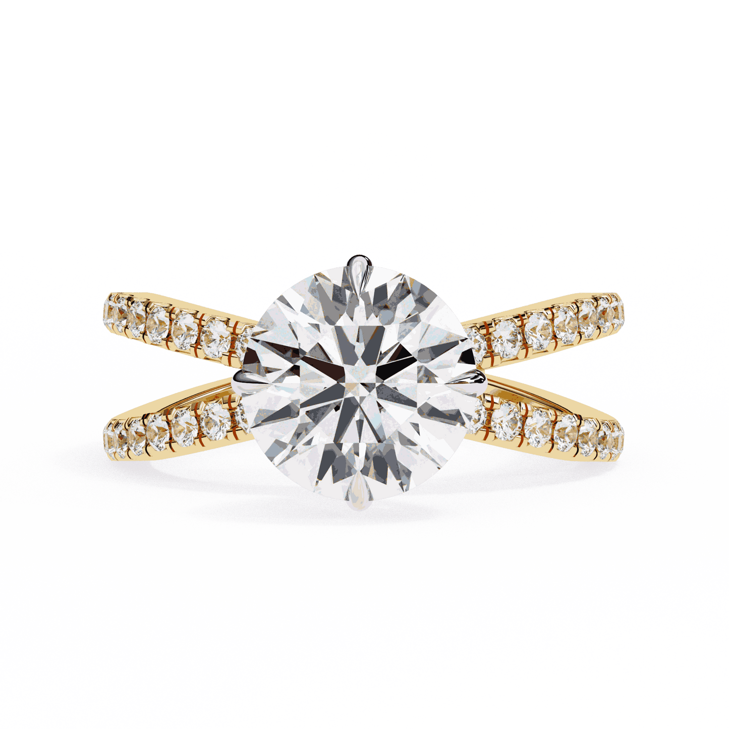 Round Cut Lab Grown Diamond Side Stone Engagement Ring with Pavé Crossover Shank