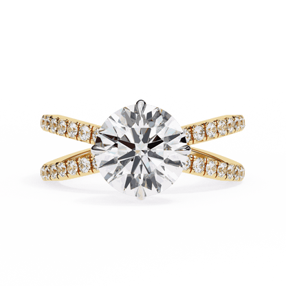 Round Cut Lab Grown Diamond Side Stone Engagement Ring with Pavé Crossover Shank