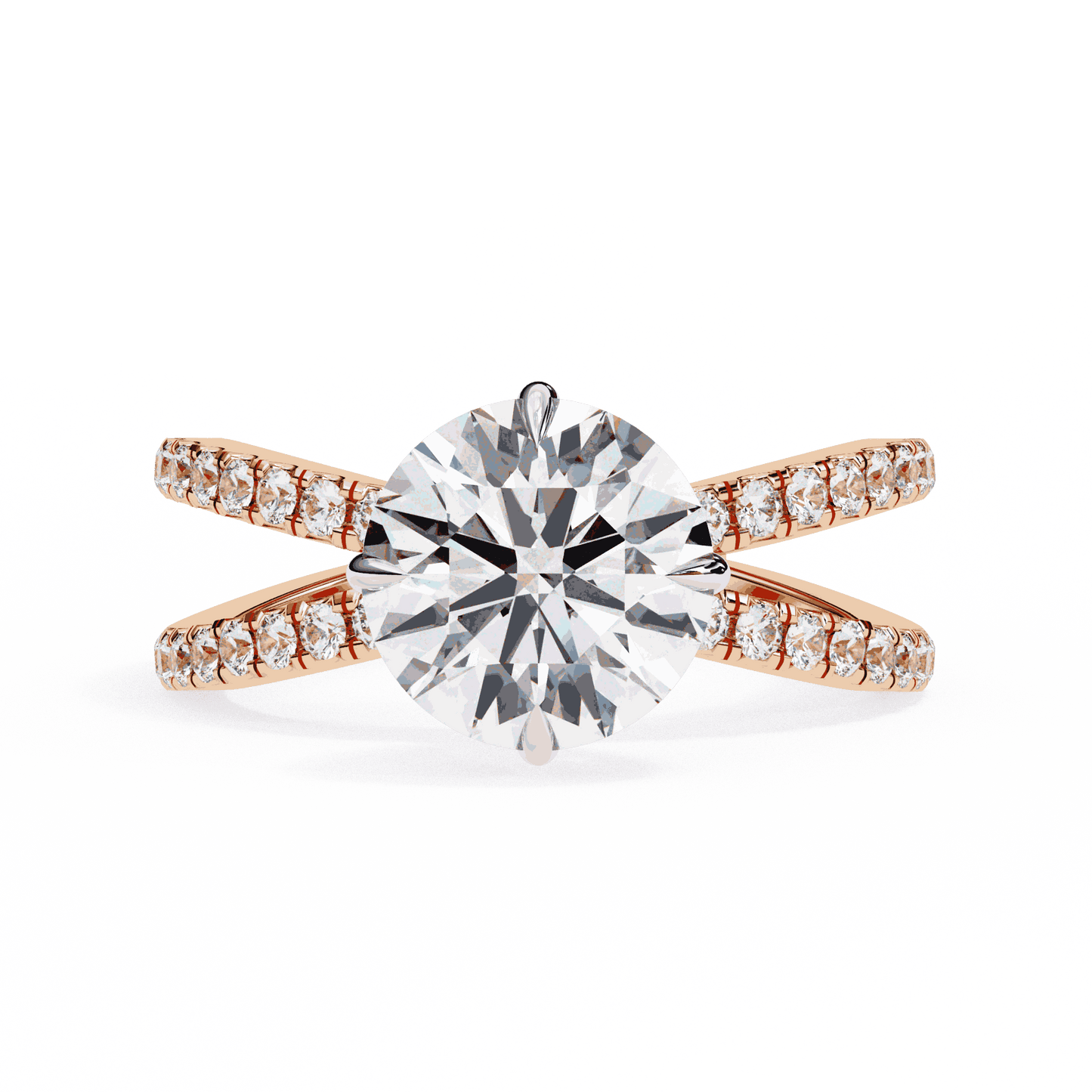 Round Cut Lab Grown Diamond Side Stone Engagement Ring with Pavé Crossover Shank