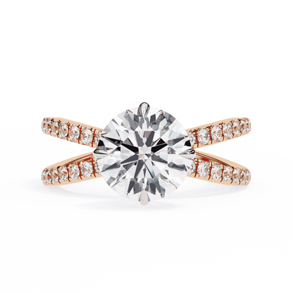 Round Cut Lab Grown Diamond Side Stone Engagement Ring with Pavé Crossover Shank