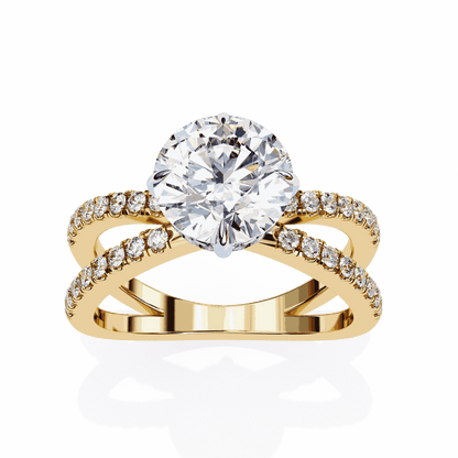 Round Cut Lab Grown Diamond Side Stone Engagement Ring with Pavé Crossover Shank