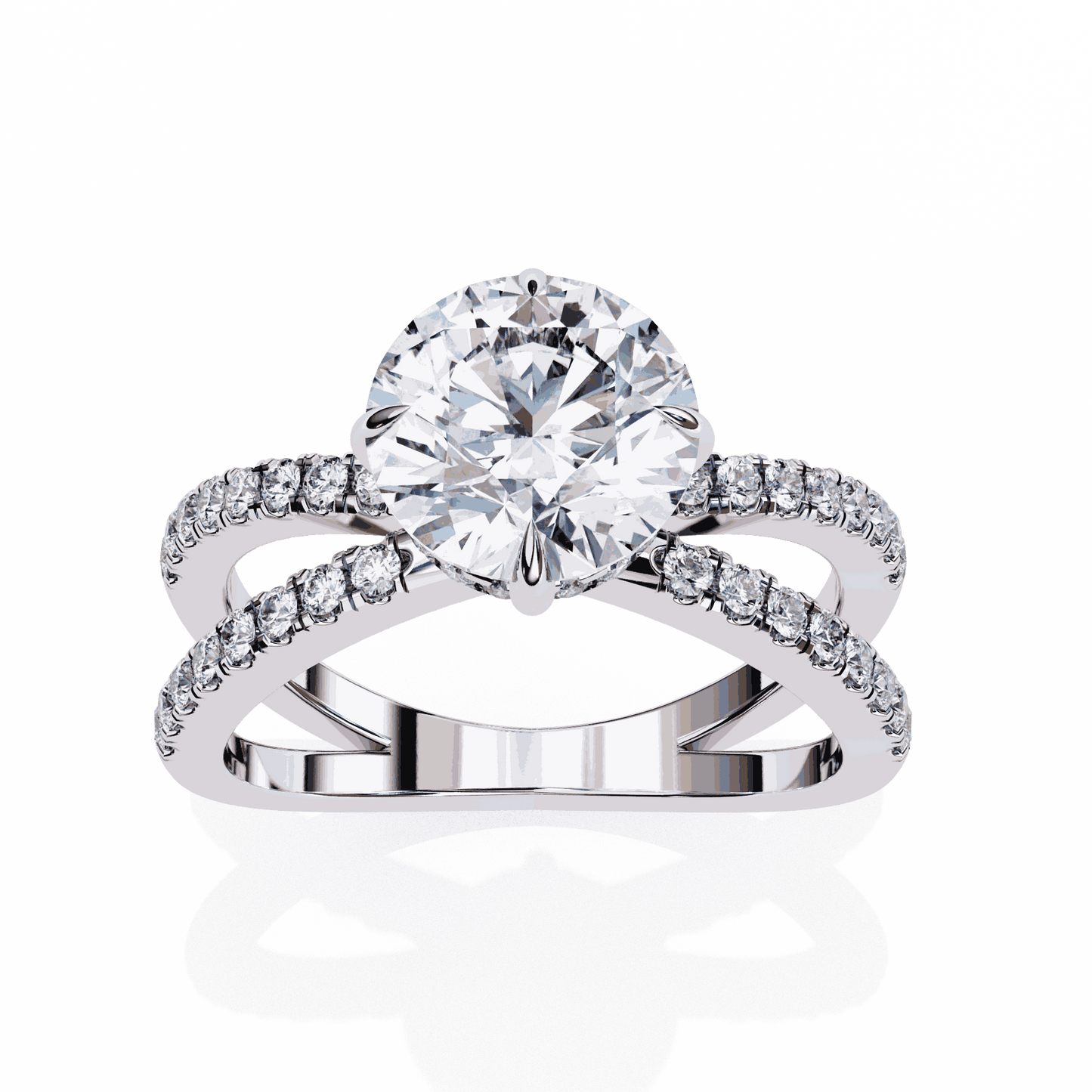 Round Cut Lab Grown Diamond Side Stone Engagement Ring with Pavé Crossover Shank