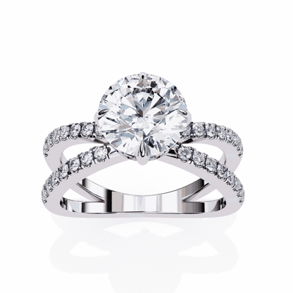 Round Cut Lab Grown Diamond Side Stone Engagement Ring with Pavé Crossover Shank