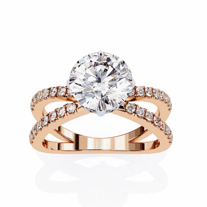 Round Cut Lab Grown Diamond Side Stone Engagement Ring with Pavé Crossover Shank