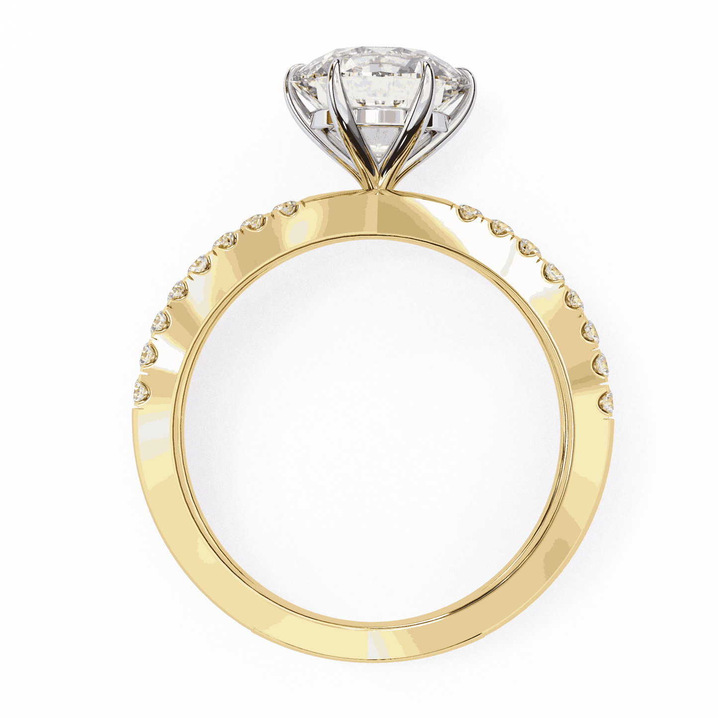 Round Cut Lab Grown Diamond Side Stone Engagement Ring with Pavé Crossover Shank