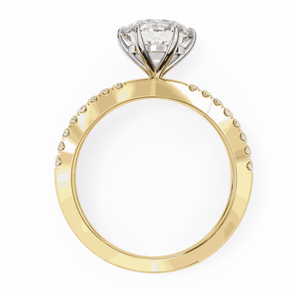 Round Cut Lab Grown Diamond Side Stone Engagement Ring with Pavé Crossover Shank