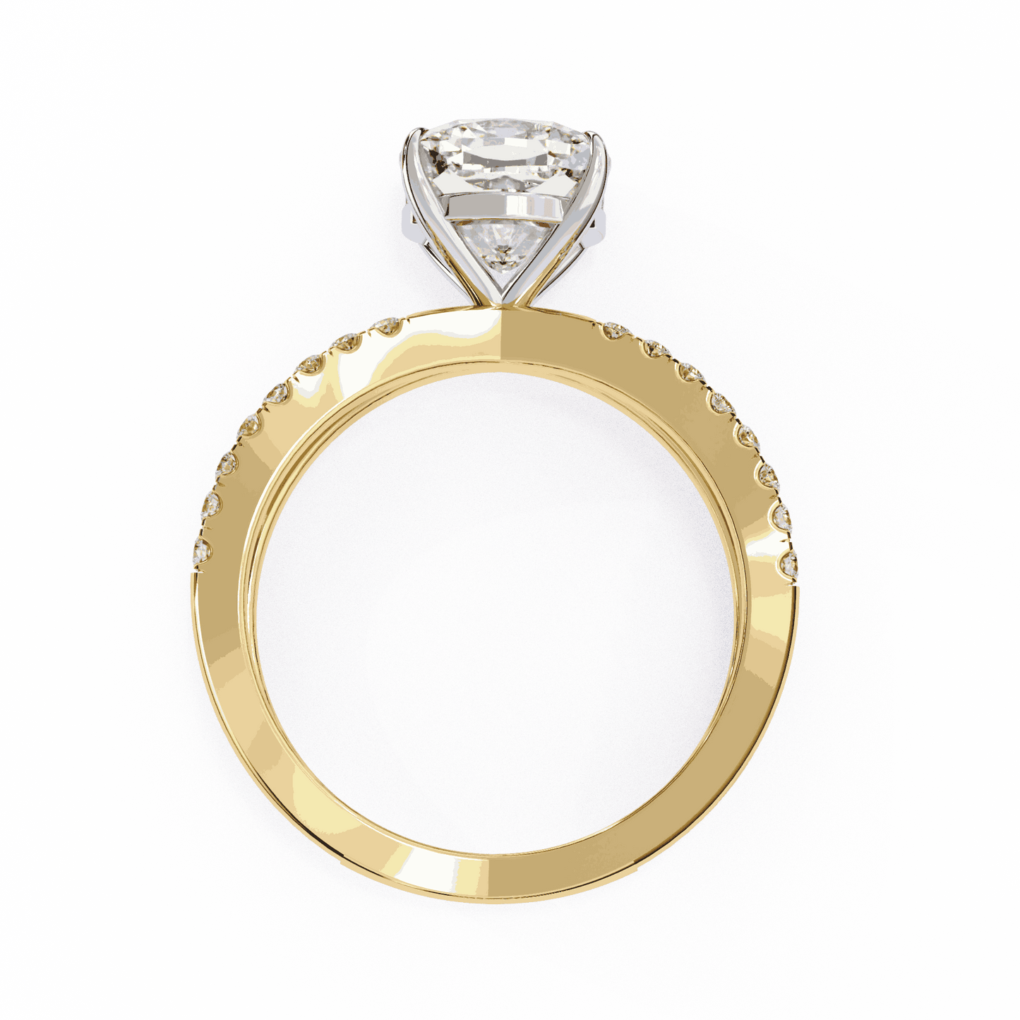 Cushion Cut Lab Grown Diamond Side Stone Engagement Ring with Pavé Crossover Shank