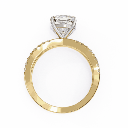 Cushion Cut Lab Grown Diamond Side Stone Engagement Ring with Pavé Crossover Shank