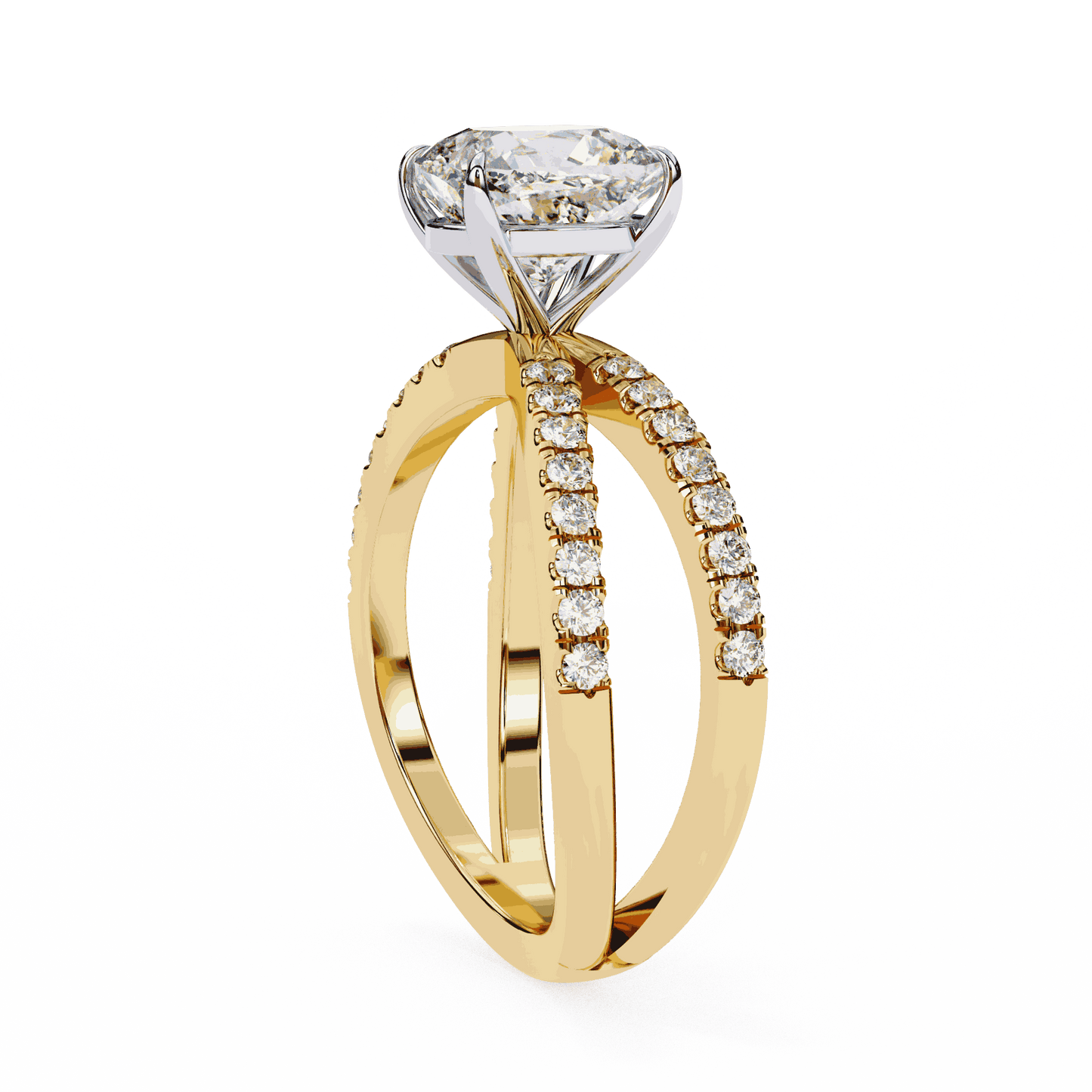 Cushion Cut Lab Grown Diamond Side Stone Engagement Ring with Pavé Crossover Shank