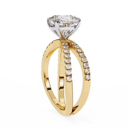 Cushion Cut Lab Grown Diamond Side Stone Engagement Ring with Pavé Crossover Shank