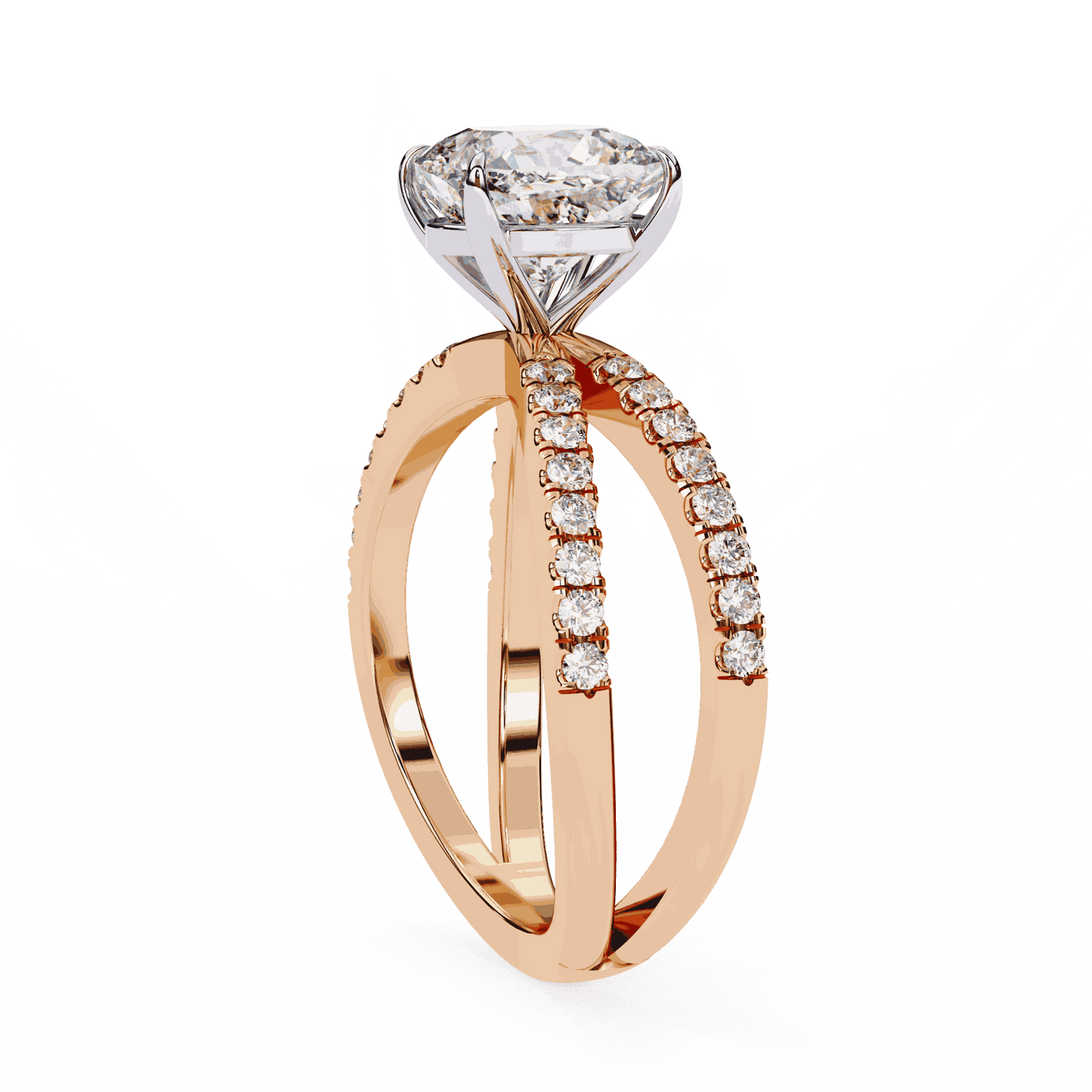 Cushion Cut Lab Grown Diamond Side Stone Engagement Ring with Pavé Crossover Shank