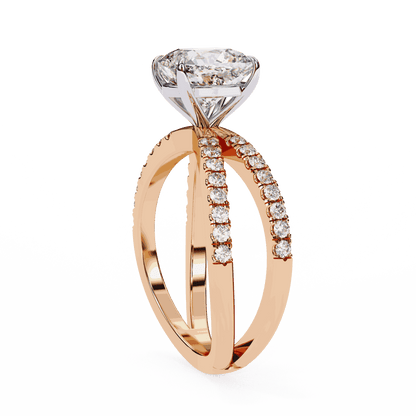 Cushion Cut Lab Grown Diamond Side Stone Engagement Ring with Pavé Crossover Shank