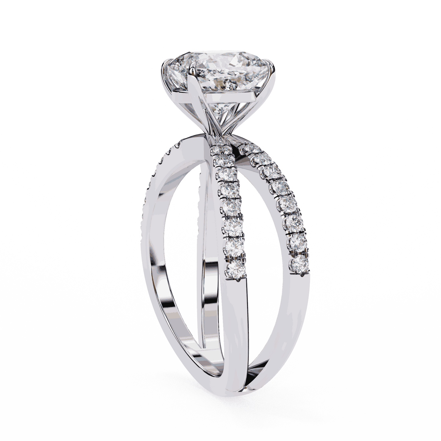 Cushion Cut Lab Grown Diamond Side Stone Engagement Ring with Pavé Crossover Shank