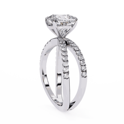 Cushion Cut Lab Grown Diamond Side Stone Engagement Ring with Pavé Crossover Shank