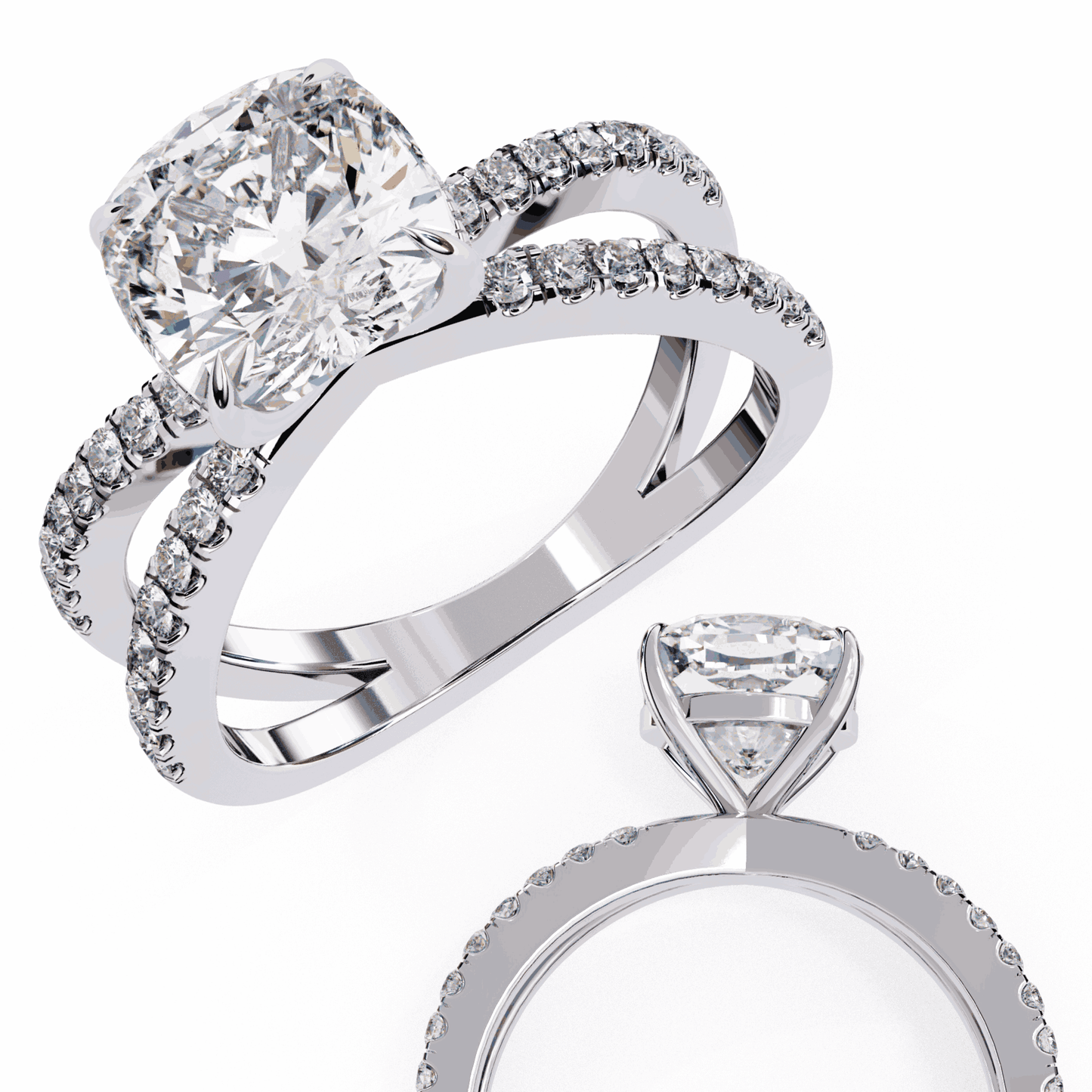 Cushion Cut Lab Grown Diamond Side Stone Engagement Ring with Pavé Crossover Shank