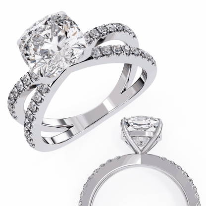Cushion Cut Lab Grown Diamond Side Stone Engagement Ring with Pavé Crossover Shank