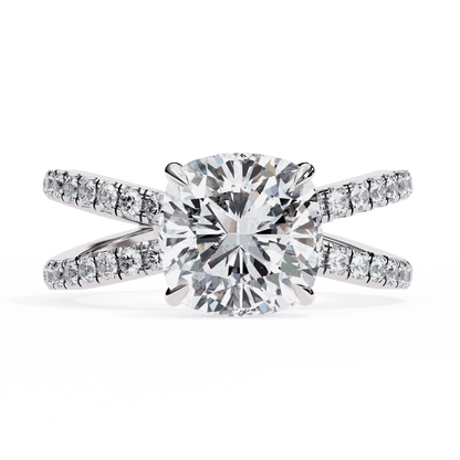 Cushion Cut Lab Grown Diamond Side Stone Engagement Ring with Pavé Crossover Shank