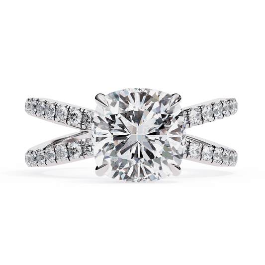 Cushion Cut Lab Grown Diamond Side Stone Engagement Ring with Pavé Crossover Shank
